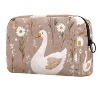 Makeup Bag for Purse Portable Cosmetic Bag Zipper Makeup Pouch Travel Toiletries Wash Bag for Women, Cute Goose on a Beige Brown Background
