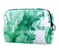 Makeup Bag for Purse Portable Cosmetic Bag Zipper Makeup Pouch Travel Toiletries Wash Bag for Women, Green Ink Watercolor Textures on White Background