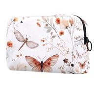 Makeup Bag for Purse Portable Cosmetic Bag Zipper Makeup Pouch Travel Toiletries Wash Bag for Women, Watercolor Abstract Flowers Plants Flying Butterfly and Dragonfly