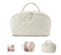 Makeup Bag for Woman, Festivalment Makeup Bag, Wide Open Lay-Flat Water-Resistant Cosmetic Case, Puffy Padded Organizer for Toiletries & Brushes Large Capacity with Compartments (Off-White)