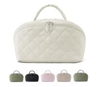 Makeup Bag for Woman, Wide Open Lay-Flat Water-Resistant Cosmetic Case, Puffy Padded Organizer for Toiletries & Brushes Large Capacity with Compartments，Travel Makeup Bags for Fashion (White)