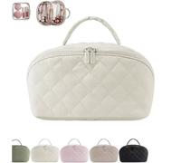 Makeup Bag for Woman, Wide Open Lay-Flat Water-Resistant Cosmetic Case, Spacious 180° Open Cosmetic Organizer,for Toiletries & Brushes Large Capacity with Compartments(White)