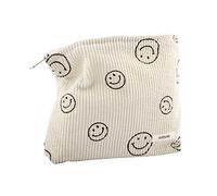 Makeup bag for Women, Corduroy Cosmetic Bag Aesthetic Design Ladies Tote Bag, Pencil Case for Girls, Cute Smiley Face Makeup Organizer with Zipper, Beige, 10x7.4in, Double Layer Corduroy Cosmetic Bag