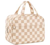 Makeup Bag for Women Cosmetic Bag Large Make Up Organizer Travel Toiletry Bags Waterproof Zipper Tote Pouch Purse for Girls, Corduroy-Brown white checkerboard, Waterproof Makeup Bag