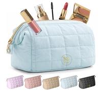 Makeup Bag for Women, Quilted Travel Toiletry Pouch with Zipper and Pockets | Wide-Open Top Design Keeps Everything Visible So You Can Grab Items Without Digging, PVC Pocket Protects Brushes - Blue