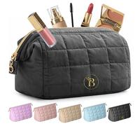 Makeup Bag for Women, Quilted Travel Toiletry Pouch with Zipper and Pockets | Wide-Open Top Design Keeps Everything Visible So You Can Grab Items Without Digging, PVC Pocket Protects Brushes - Black