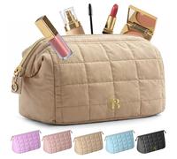 Makeup Bag for Women, Quilted Travel Toiletry Pouch with Zipper and Pockets | Wide-Open Top Design Keeps Everything Visible So You Can Grab Items Without Digging, PVC Pocket Protects Brushes - Camel