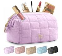 Makeup Bag for Women, Quilted Travel Toiletry Pouch with Zipper and Pockets | Wide-Open Top Keeps Items Visible So You Can Grab Cosmetics Quickly, Ships Vacuum Sealed - Light Pink