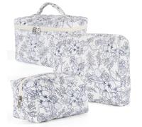 Makeup Bag for Women, Wide-open Easy to Take, Convenient to Carry, Toiletry Cosmetic Skincare, Quilted Travel Pouch Case, Purse Organizer set of 3, Cyan Garden, Three-piece