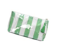 Makeup Bag Large Clear PVC with Striped Design, Green White | Waterproof PVC Toiletry Case with Double Zipper Pull for Travel Beach Pool Gym Essential Daily Use