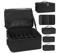 Makeup Bag Large Makeup Case Professional Cosmetic Storage organiser Box Brush Holder with 3 Clear Set Bags & Lipstick Plate for Makeup Artists with Shoulder Strap & Adjustable Dividers (A Set, Black)