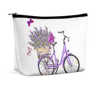 Makeup Bag Lavender Bike Flowers PU Leather Waterproof Cosmetic Bag for Purse/Makeup Pouch/Toiletry Bag Spring Butterfly Portable Travel Makeup Bag for Women