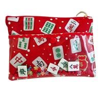 Makeup Bag Mahjong Pattern Dual Layer Cosmetic Bag with Mahjong Ornaments Zippered Cotton Cloth Coin Purse 8x6inch Phone for Women, Gifts, Red, Makeup