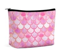 Makeup Bag Mermaid Scale Pink Waterproof Cosmetic Bag for Purse Watercolor Fish Scales PU Leather Makeup Pouch with Zipper,Travel Toiletry Bag for Women