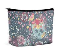 Makeup Bag Mexican Flowers Skulls Birds PU Leather Waterproof Cosmetic Bag for Purse/Makeup Pouch/Toiletry Bag Vintage Retro Portable Travel Makeup Bag for Women