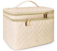 Makeup Bag Organiser for Women, Large Double Layer Cosmetic Make Up Bag | Brush Compartment, Portable and Water-Resistant Toiletry Bag Travel Essentials, White
