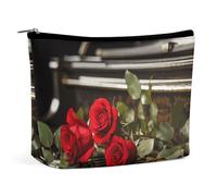 Makeup Bag Portable Cosmetic Bag Large Capacity Travel Makeup Bag Storage Bag Red And Black Rose Printed Toiletry Bag Suitable for Women And Girls, Red Rose on Piano, One Size