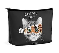 Makeup Bag Release Your Little Wild PU Leather Waterproof Cosmetic Bag for Purse/Makeup Pouch/Toiletry Bag Cat Tiger Face Black Portable Travel Makeup Bag for Women