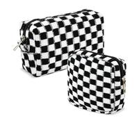 Makeup Bag Set, 2 Pcs Small Checkered Makeup Bag, Black White Checkerboard Cosmetic Bag with Zipper, Mini Travel Makeup Pouch, Portable Toiletry Organizer