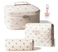 Makeup Bag Set 3PCS Pink Bow Cosmetic Organiser Pouch Coquette Toiletry Travel Bag with Keychain Set for Women,Bow Cotton Quilted Large Capacity Wash Bag & Keyring for Girls (Square Flower)
