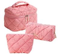 Makeup Bag Set 3PCS Pink Bow Cosmetic Organiser Pouch Coquette Toiletry Travel Bag with Keychain Set for Women,Bow Cotton Quilted Large Capacity Wash Bag & Keyring for Girls (Pink 1)