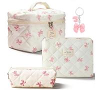 Makeup Bag Set 3PCS Pink Bow Cosmetic Organiser Pouch Coquette Toiletry Travel Bag with Keychain Set for Women,Bow Cotton Quilted Large Capacity Wash Bag & Keyring for Girls