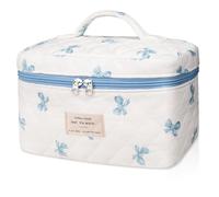 Makeup Bag Set, Quilted Makeup Bag, Large Floral Cosmetic Bag for Women, Cute Cotton Makeup Bags, Flower Travel Toiletry Organizer Bag, Blue Butterfly Flowers 2, White Blue Butterfly Flower