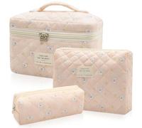 Quilted Makeup Bag Set, 3pc Large Floral Cosmetic Bag for Women, Cute Cotton Makeup Bags, Flower Travel Toiletry Organizer Bag (Star White Rabbit), Star White Rabbit, Cute