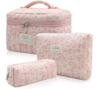 Makeup Bag Set, Quilted Makeup Bag, Large Floral Cosmetic Bag for Women, Cute Cotton Makeup Bags, Flower Travel Toiletry Organizer Bag, Pink Crushed Flower, Cute