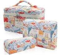 Quilted Makeup Bag Set, 3pc Large Floral Cosmetic Bag for Women, Cute Cotton Makeup Bags, Flower Travel Toiletry Organizer Bag (Rabbit Print), Rabbit Print, Cute