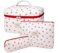 Makeup Bag Set, Quilted Makeup Bag, Large Floral Cosmetic Bag for Women, Cute Cotton Makeup Bags, Flower Travel Toiletry Organizer Bag (Pink Floer), Red Cherry, Cute