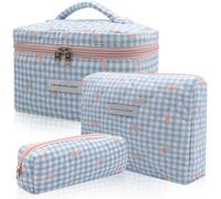Makeup Bag Set, Quilted Makeup Bag, Large Floral Cosmetic Bag for Women, Cute Cotton Makeup Bags, Flower Travel Toiletry Organizer Bag, Blue Plaid Bow, Cute