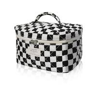 Makeup Bag Set, Quilted Makeup Bag, Large Floral Cosmetic Bag for Women, Cute Cotton Makeup Bags, Flower Travel Toiletry Organizer Bag, Black Checkered Set, Cute