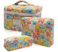 Makeup Bag Set, Quilted Makeup Bag, Large Floral Cosmetic Bag for Women, Cute Cotton Makeup Bags, Flower Travel Toiletry Organizer Bag, Heart Shape, Cute