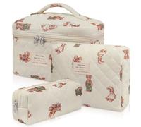 Makeup Bag Set, Quilted Makeup Bag, Large Floral Cosmetic Bag for Women, Cute Cotton Makeup Bags, Flower Travel Toiletry Organizer Bag, White Bear