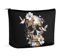 Makeup Bag Skulls Tropical Hibiscus PU Leather Waterproof Cosmetic Bag for Purse/Makeup Pouch/Toiletry Bag Flowers Hummingbirds Portable Travel Makeup Bag for Women