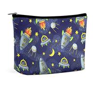 Makeup Bag Space Rocket Cartoon PU Leather Waterproof Cosmetic Bag for Purse/Makeup Pouch/Toiletry Bag Star Moon Portable Travel Makeup Bag for Women
