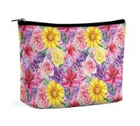 Makeup Bag Sunflower Watercolor Waterproof Cosmetic Bag for Purse Rose Red Yellow PU Leather Makeup Pouch with Zipper,Travel Toiletry Bag for Women