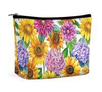 Makeup Bag Sunflowers Dahlias Hydrangeas Waterproof Cosmetic Bag for Purse Watercolor Floral PU Leather Makeup Pouch with Zipper,Travel Toiletry Bag for Women