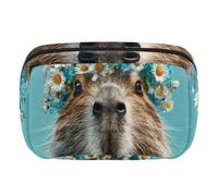 Makeup Bag Travel Cosmetic Bag for Women, Large Capacity Makeup Organizer Case Wide-Open Pouch Purse, Toiletries Accessories Brushes, Capybaras Daisies