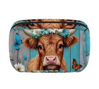 Makeup Bag Travel Cosmetic Bag for Women, Large Capacity Makeup Organizer Case Wide-Open Pouch Purse, Toiletries Accessories Brushes, Farm Highland Cow Teal Daisy
