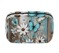 Makeup Bag Travel Cosmetic Bag for Women, Large Capacity Makeup Organizer Case Wide-Open Pouch Purse, Toiletries Accessories Brushes, Rustic Daisy Teal Turquoise Butterfly