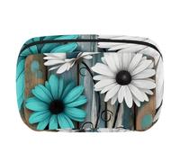 Makeup Bag Travel Cosmetic Bag for Women, Large Capacity Makeup Organizer Case Wide-Open Pouch Purse, Toiletries Accessories Brushes, Farm Teal Daisy Florals