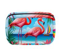 Makeup Bag Travel Cosmetic Bag for Women, Large Capacity Makeup Organizer Case Wide-Open Pouch Purse, Toiletries Accessories Brushes, Flamingos Beach