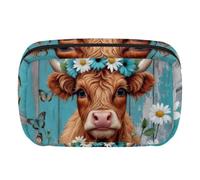 Makeup Bag Travel Cosmetic Bag for Women, Large Capacity Makeup Organizer Case Wide-Open Pouch Purse, Toiletries Accessories Brushes, Highland Cow Teal Daisy Farmhouse