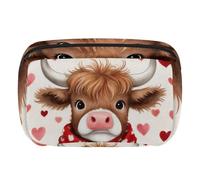 Makeup Bag Travel Cosmetic Bag for Women, Large Capacity Makeup Organizer Case Wide-Open Pouch Purse, Toiletries Accessories Brushes, Highland Cow Love Hearts