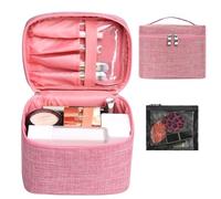 Makeup Bag Travel Makeup Cosmetic Bag Case Organizer Makeup Pouch with Mesh Bag Makeup Brush Holder Bag Toiletry Bags for Women, Pink, Large