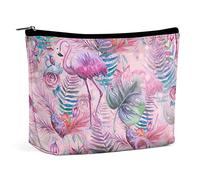 Makeup Bag Watercolor Tropical Floral PU Leather Waterproof Cosmetic Bag for Purse/Makeup Pouch/Toiletry Bag Pink Flamingo Colorful Portable Travel Makeup Bag for Women