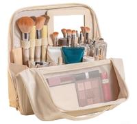 Makeup Bag Waterproof Side Opening Organizer with Built-in Mirror Lightweight PU Travel Cosmetic Case Spacious 27x11x26cm for Women Daily Use(Beige)