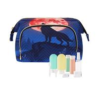 Makeup Bag with Handle Wolf Howling Red Blood Moon Blue Lightweight Women Cash Wallet for Travel Bathroom